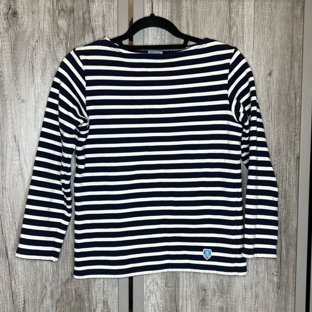 Orcival Fleece Top Sweatshirt Navy and White Stripes Nautical Long Sleeve Size 0
